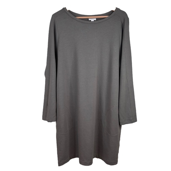 J Jill Tunic Dress XL Pima Cotton Taupe Boho Lagenlook Minimalist Classic Pocket - Picture 1 of 11